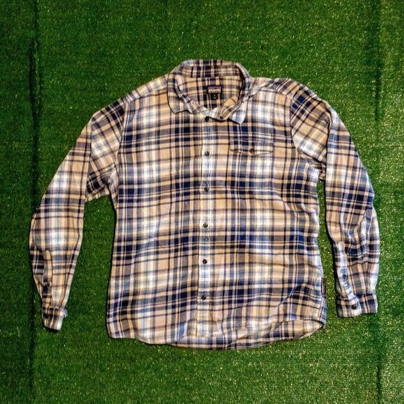 PATAGONIA ORGANIC COTTON MENS PLAID SHIRT BUTTON DOWN BLUE GRAY SIZE XL - Picture 1 of 6